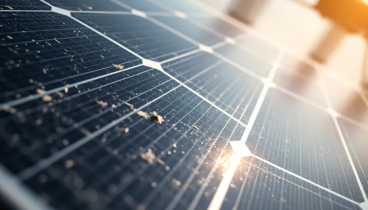 Gros plan sur la surface d'un panneau photovoltaïque après cinq ans d'exposition, montrant l'usure légère