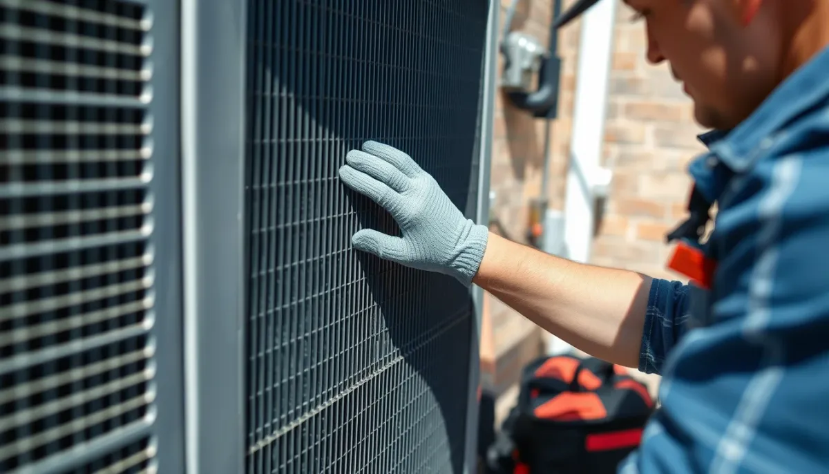 Technicien qualifié contrôlant l'échangeur d'une pompe à chaleur air/eau lors d'un entretien