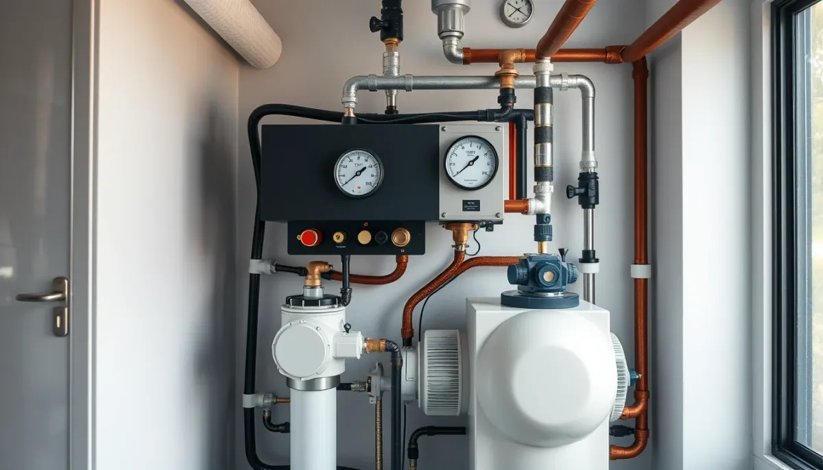 Module hydraulique d'une pompe à chaleur air/eau avec manomètres et vase d'expansion