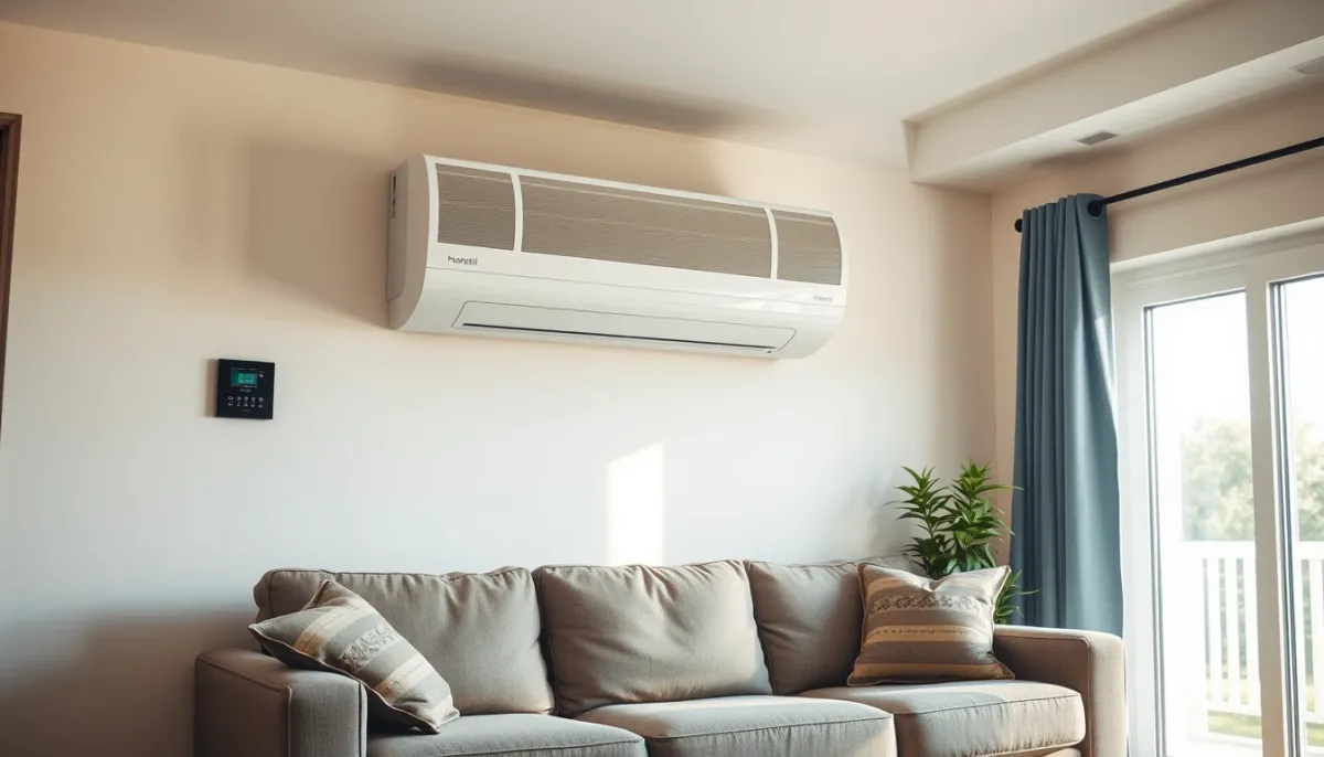 Unité intérieure d'une pompe à chaleur air/air fixée au mur d'un salon lumineux