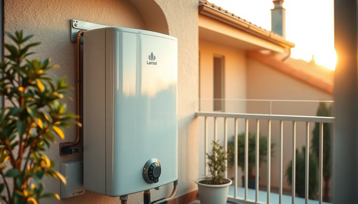 Chauffe-eau thermodynamique installé sur un balcon avec des plots antivibratiles