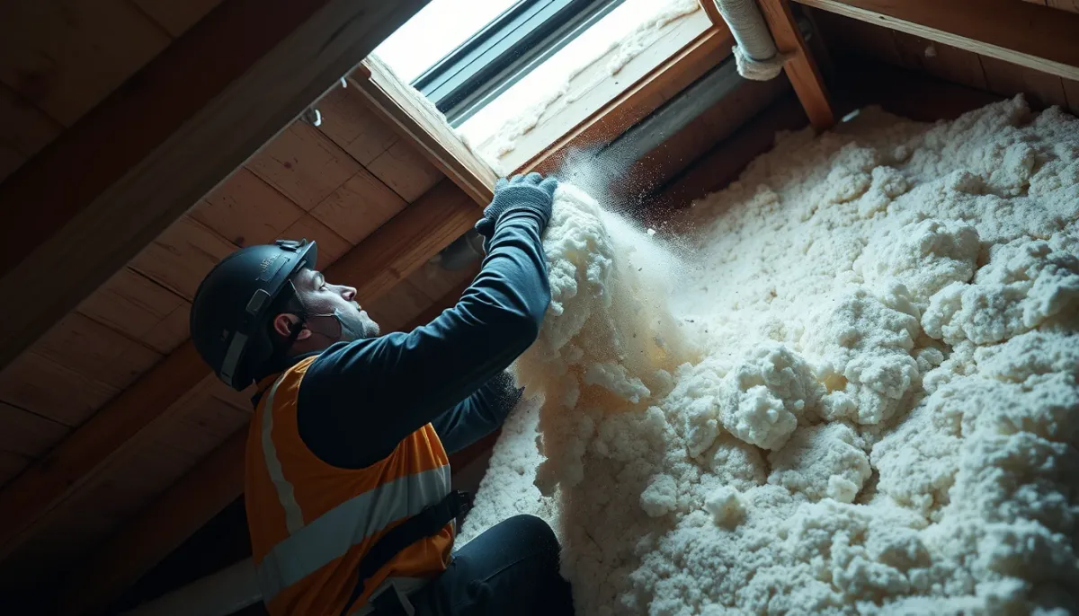Artisan soufflant de la ouate de cellulose dans des combles perdus