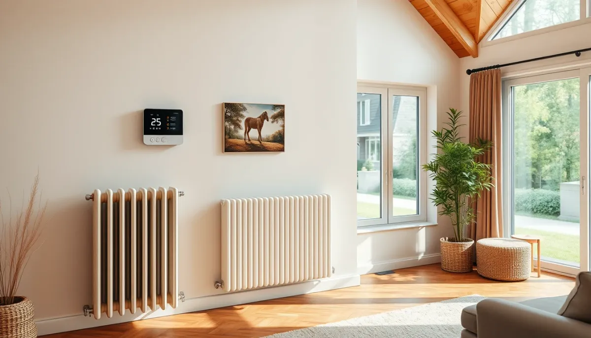 Salon confortable équipé d'un radiateur moderne et d'un thermostat de pompe à chaleur