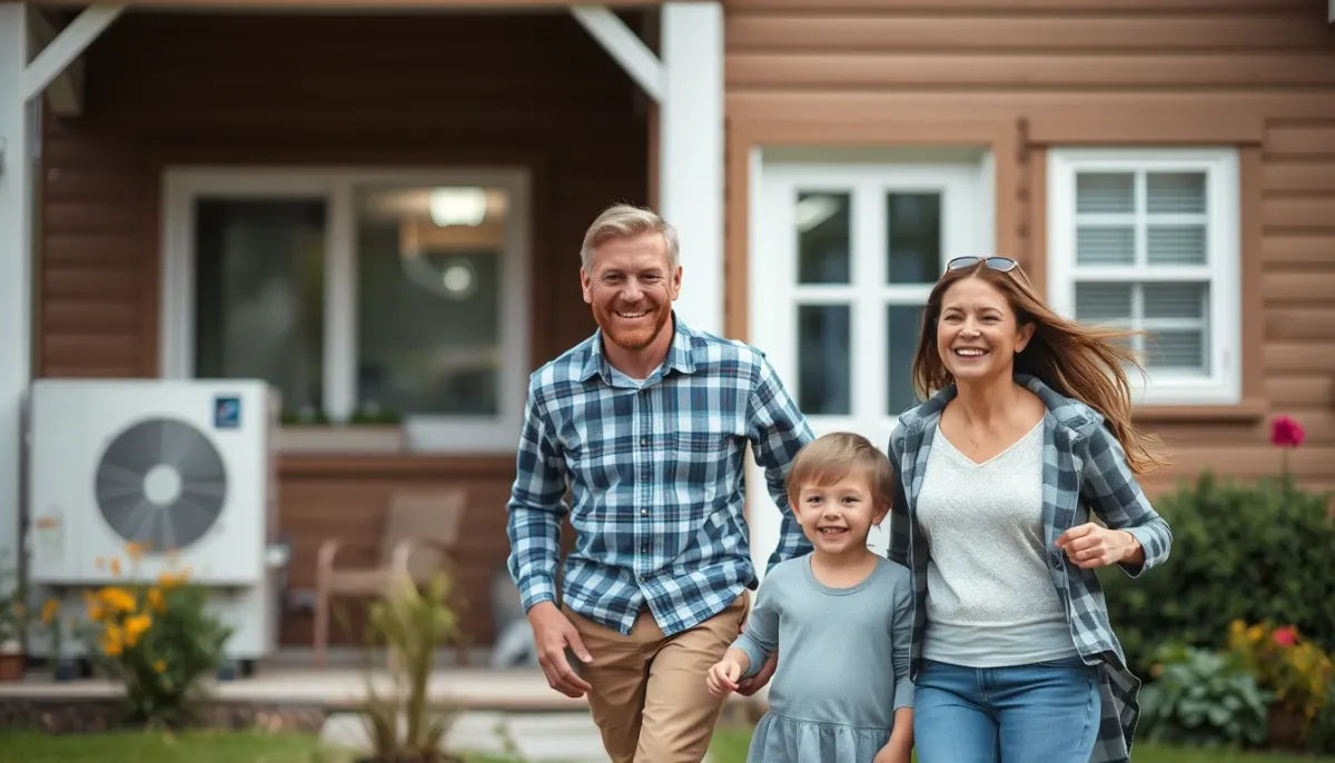 Famille devant sa maison avec une pompe à chaleur air/eau installée