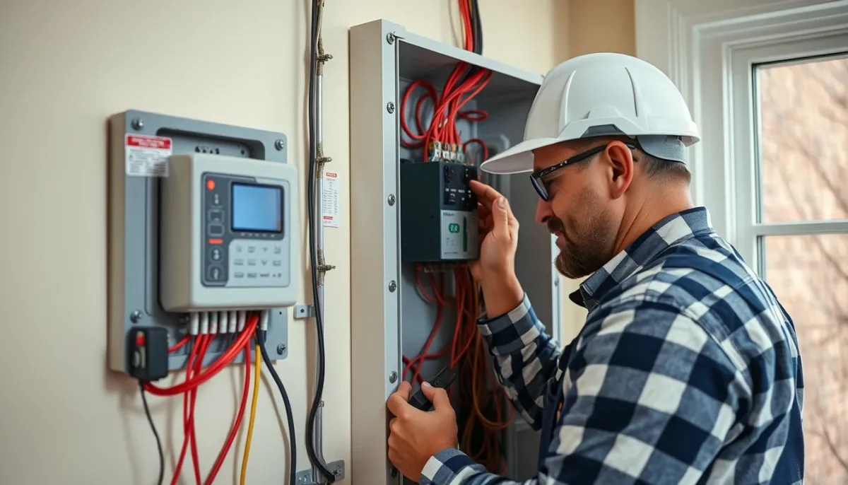 Électricien installant un gestionnaire d'énergie dans un tableau électrique