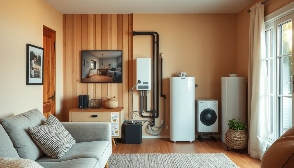 Intérieur confortable avec pompe à chaleur et chauffe-eau, illustrant l'autoconsommation solaire