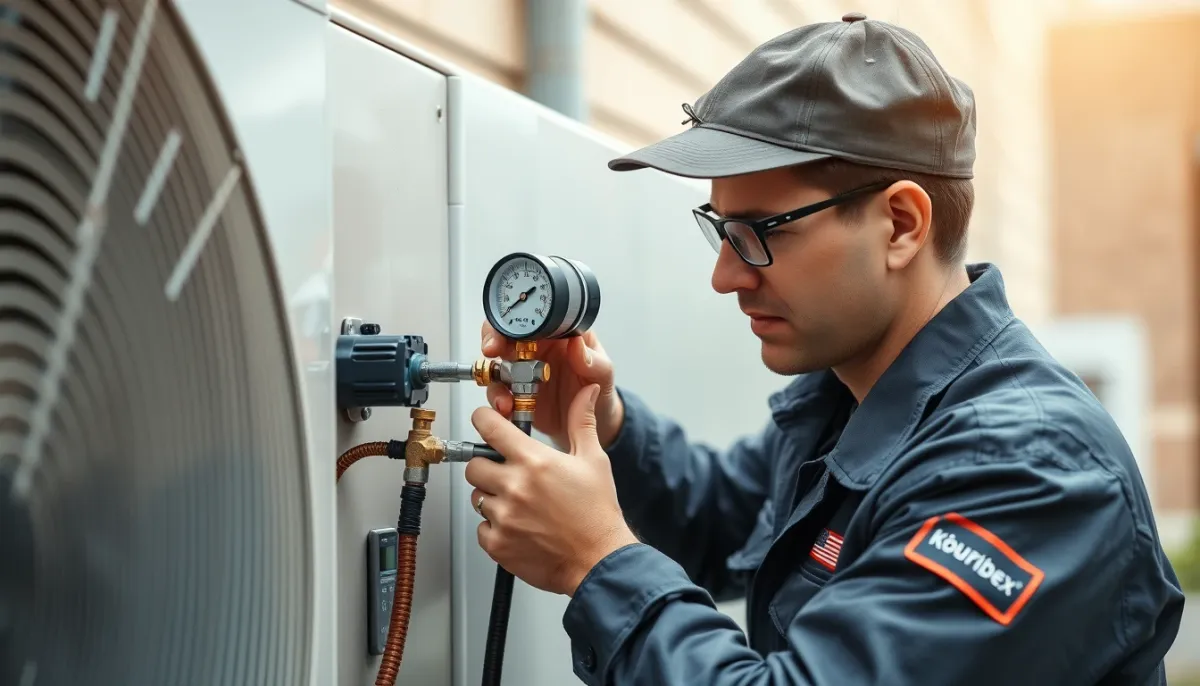 Technicien qualifié intervenant sur une pompe à chaleur air/eau avec des manomètres