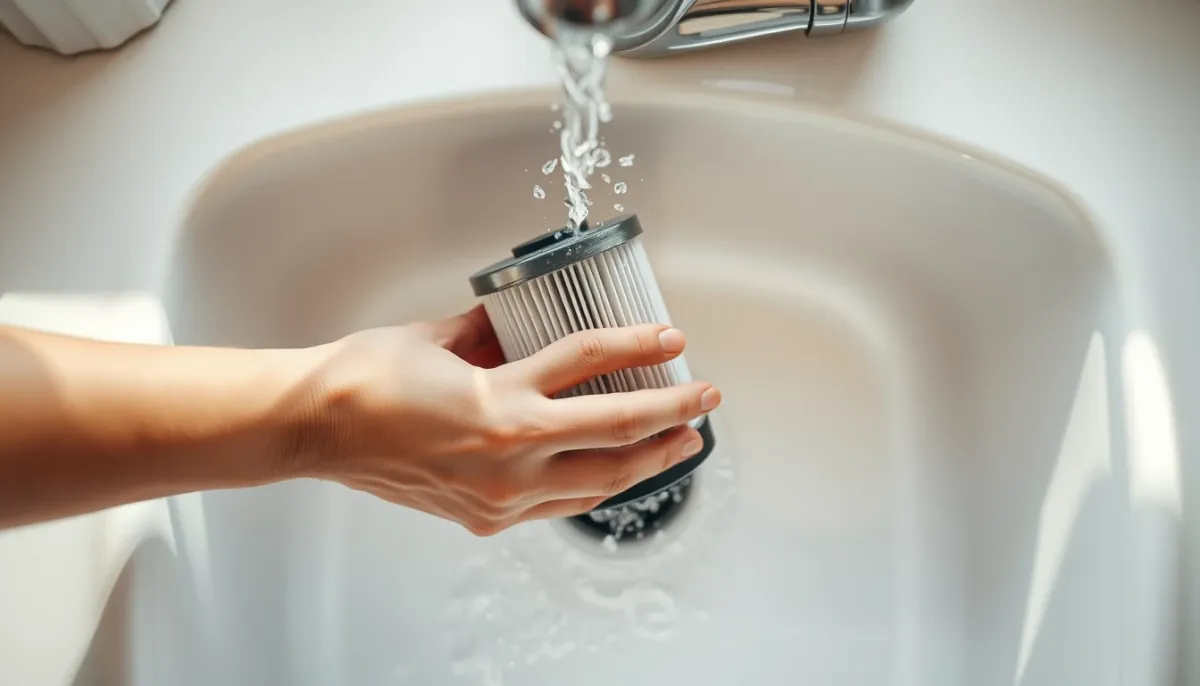 Mains nettoyant un filtre de pompe à chaleur sous l'eau tiède dans un évier, geste d'entretien simple