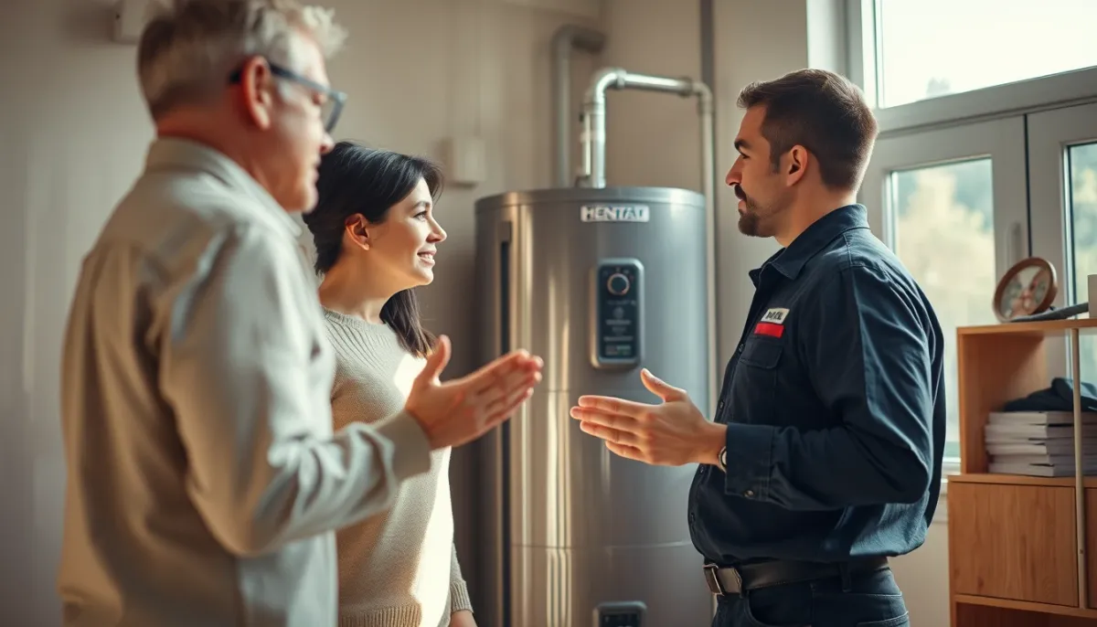 Particulier et technicien discutant de la réparation ou du remplacement d'un chauffe-eau thermodynamique