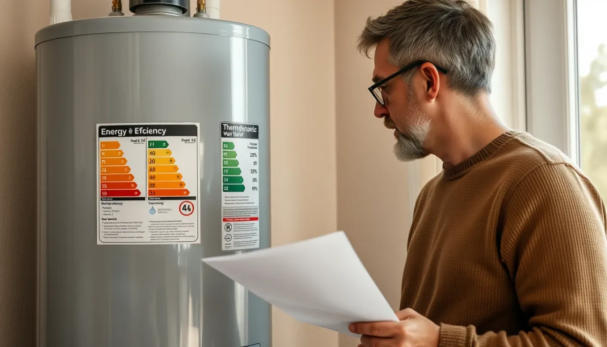 Propriétaire examinant les étiquettes énergétiques d'un chauffe-eau thermodynamique