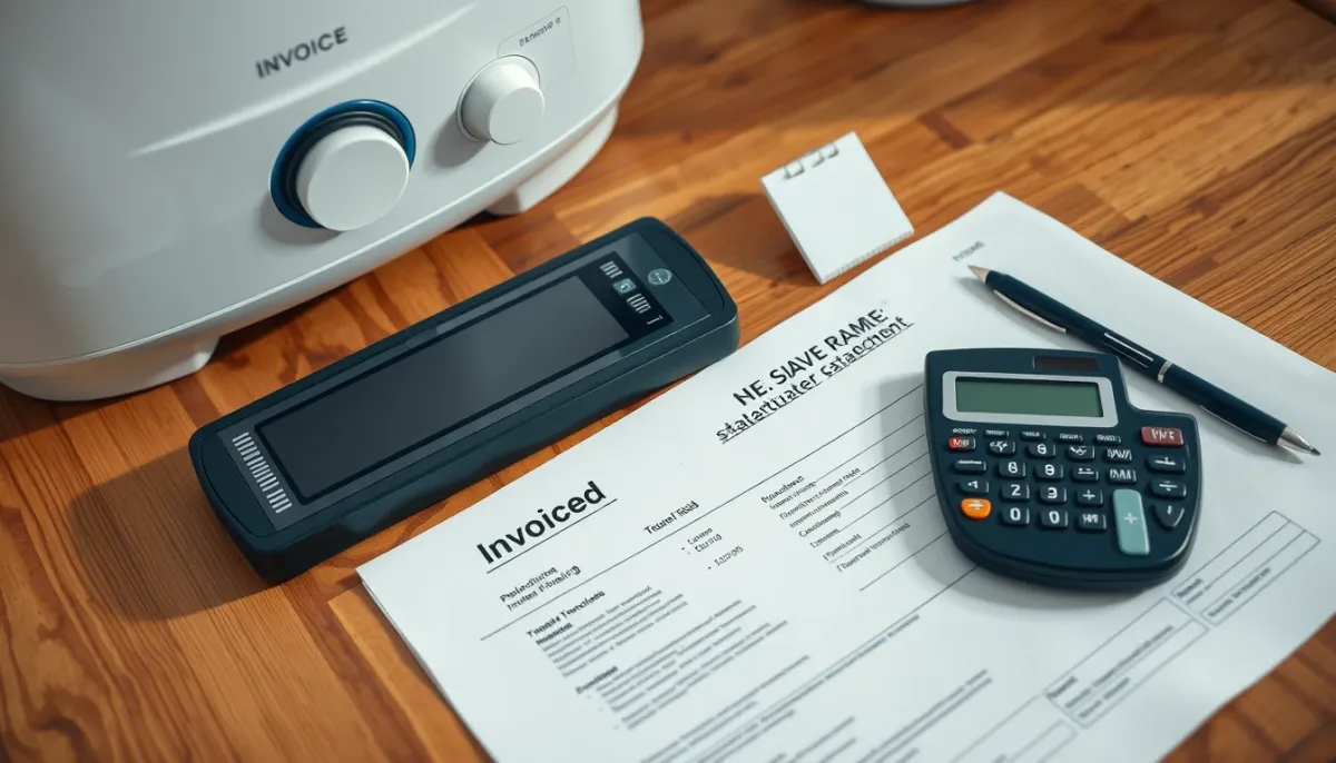 Devis et calculatrice sur une table avec un chauffe-eau thermodynamique en arrière-plan