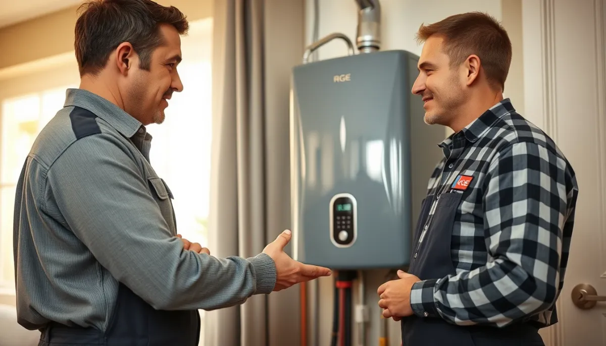 Installateur RGE expliquant le fonctionnement d'un chauffe-eau thermodynamique à un client