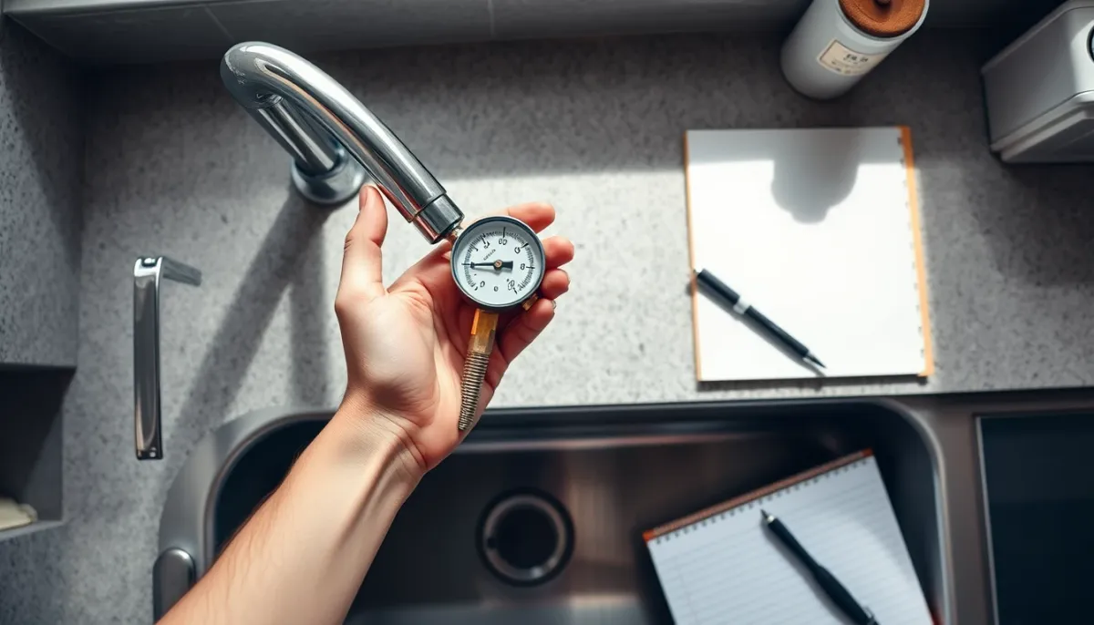 Vérification de la pression du réseau d'eau à l'aide d'un manomètre sur un robinet