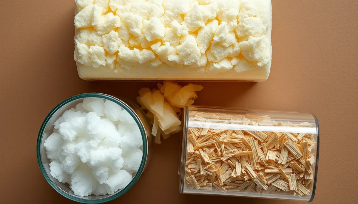 Comparaison en gros plan de trois isolants : laine de verre, ouate de cellulose et fibre de bois