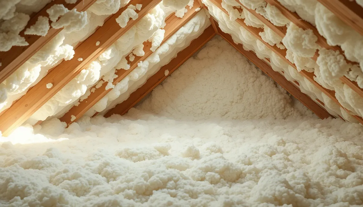 Combles isolés avec de la ouate de cellulose soufflée uniformément entre les solives